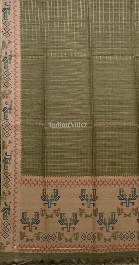 Sage Green Beige Tusasr Silk Saree with Floral Embroidery Work 