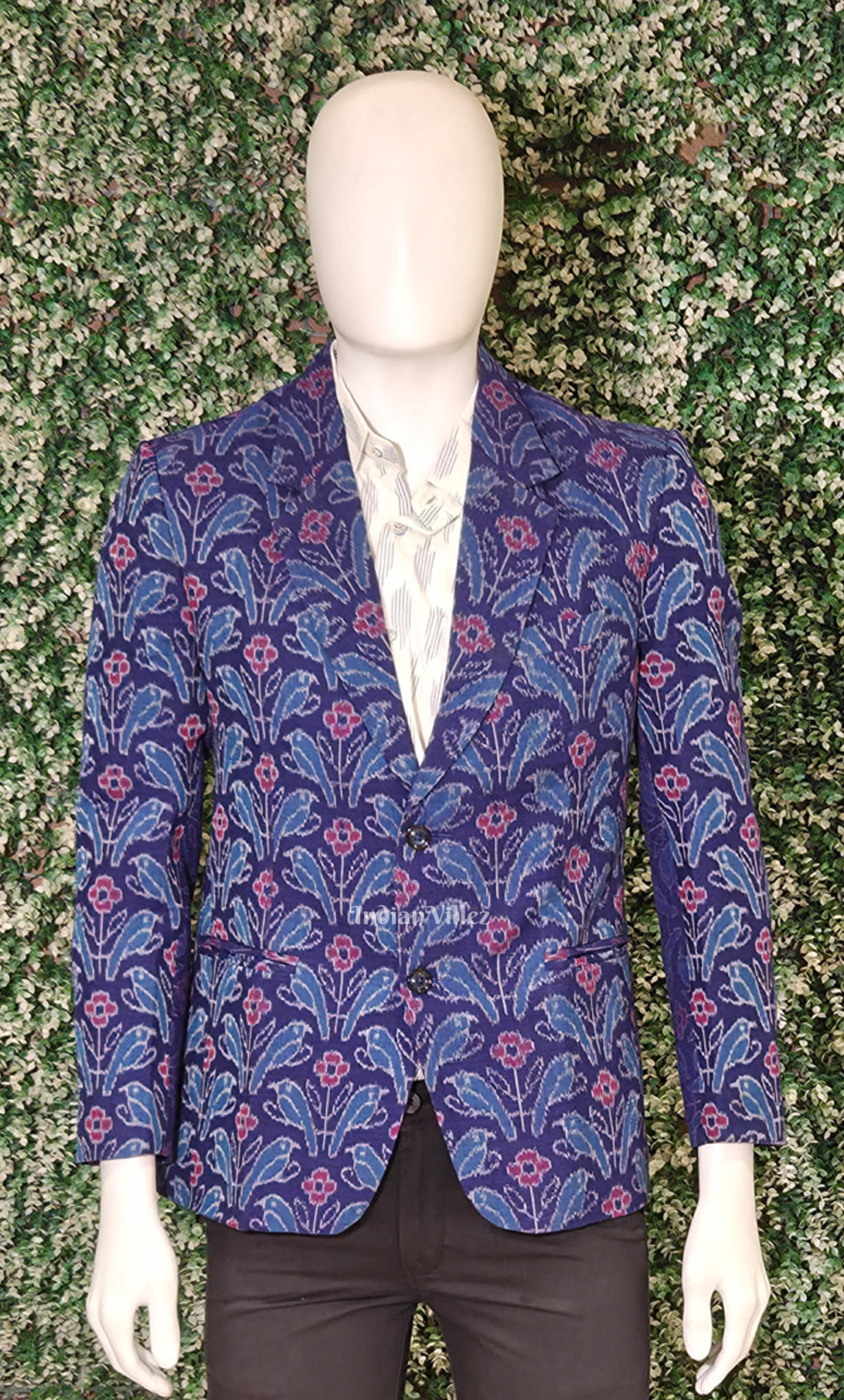 Blue Floral Bird Motif Odisha Ikat Men's Designer Blazer