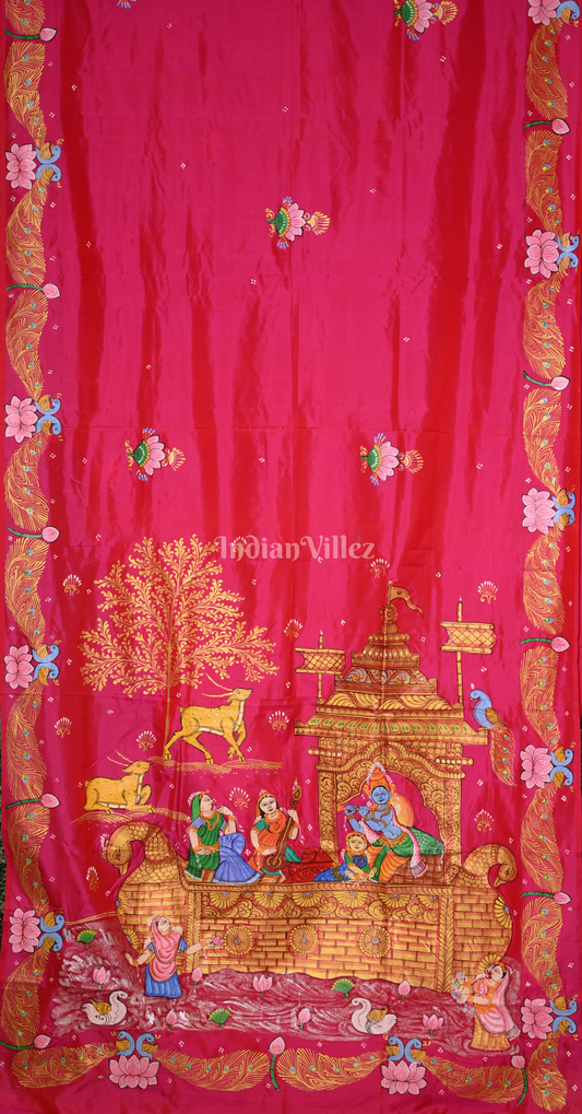 Rani Pink Krishna Boita Theme Hand-Painted Pattachitra Saree