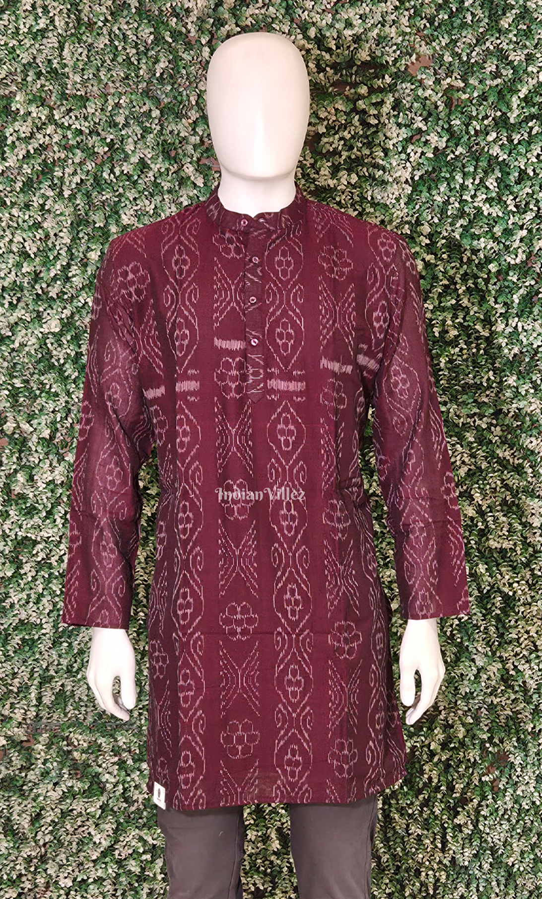 Maroon Flower Pasapali Odisha Ikat Cotton Kurta for Men 
