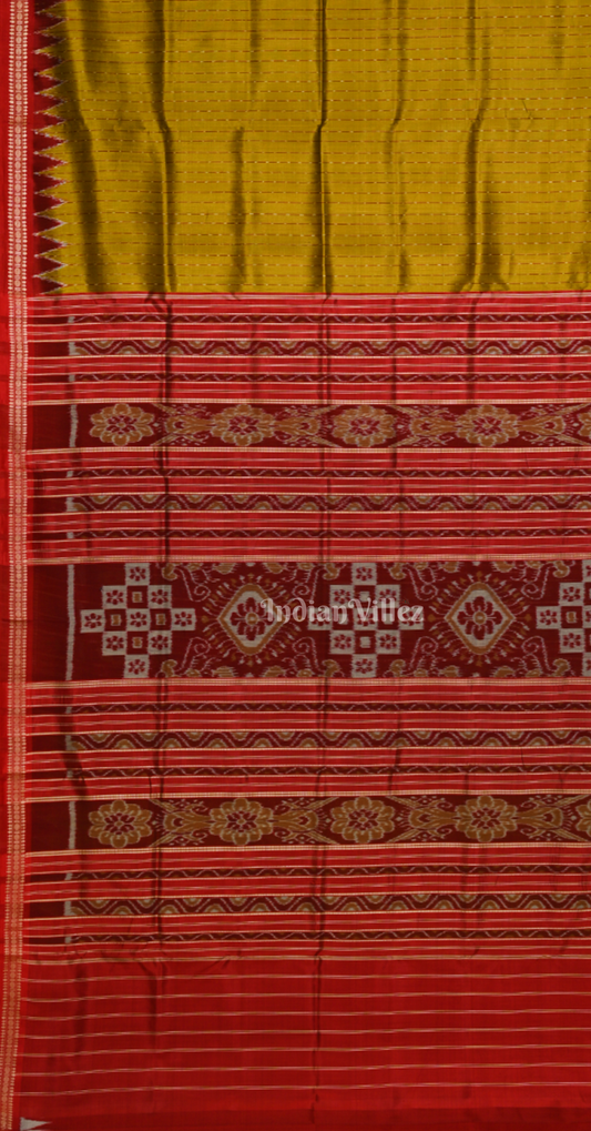 Golden Yellow Maroon Stripe Odisha Ikat Khandua Silk Saree with Blouse Piece