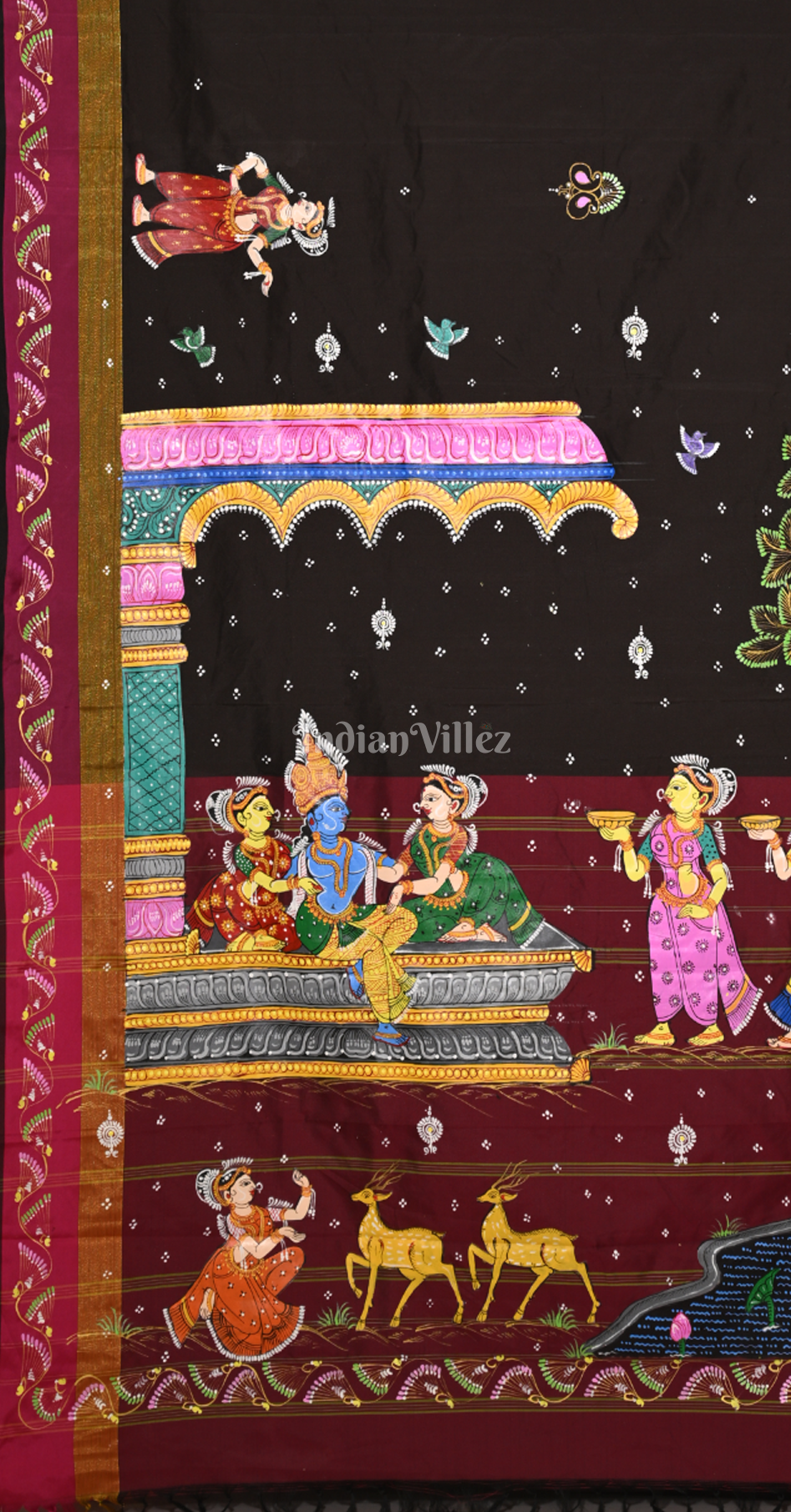 Black Maroon Radha Krishna Raas Leela Hand-Painted Pattachitra Saree 