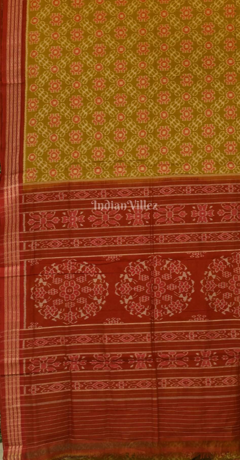 Mehendi Green Maroon Floral Motif Sambalpuri Ikat Cotton Saree 