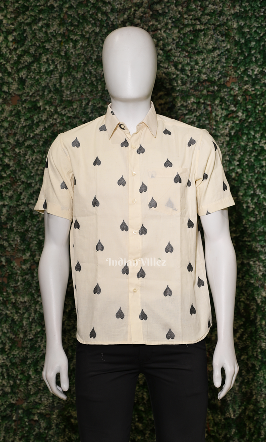 White Thread work leaf shaped motif Odisha Ikat Cotton Half Sleeve Shirt 