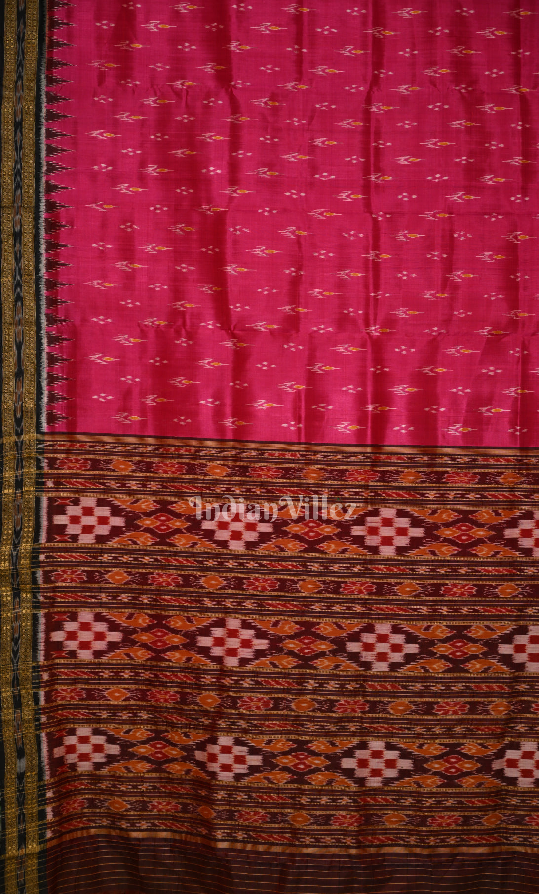  Rani Pink Black Mayur Chandrika Odisha Ikat Khandua Silk Saree