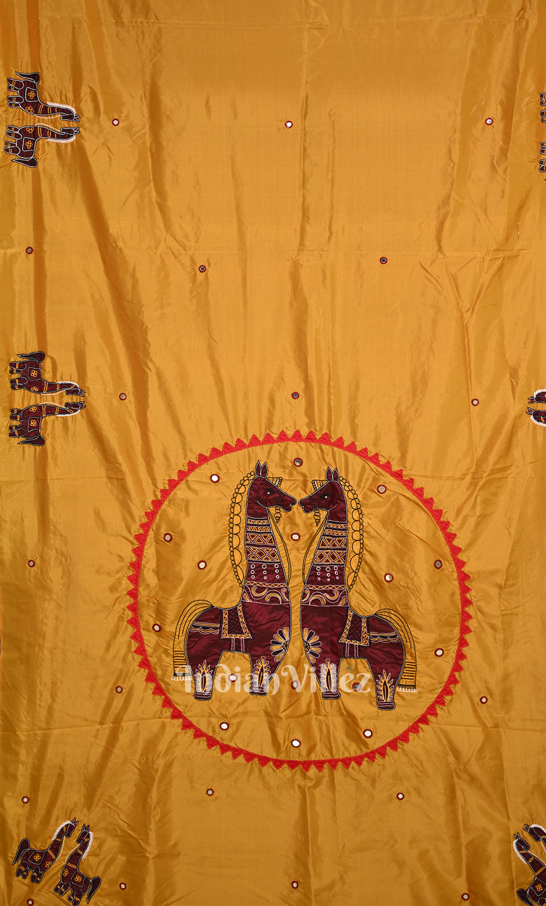 Mustard Yellow Maroon Applique Work Hand Embroidered Saree 