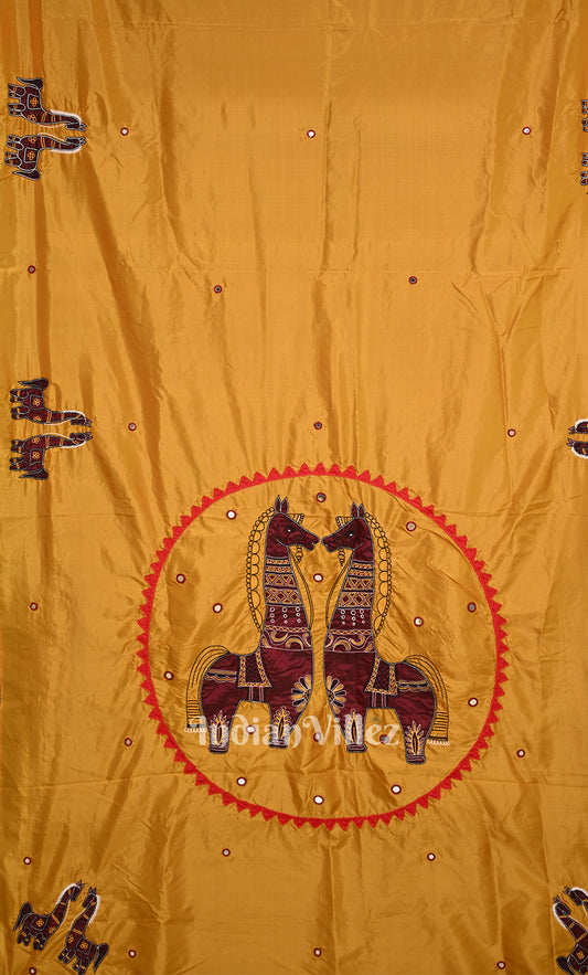 Mustard Yellow Maroon Applique Work Hand Embroidered Saree 