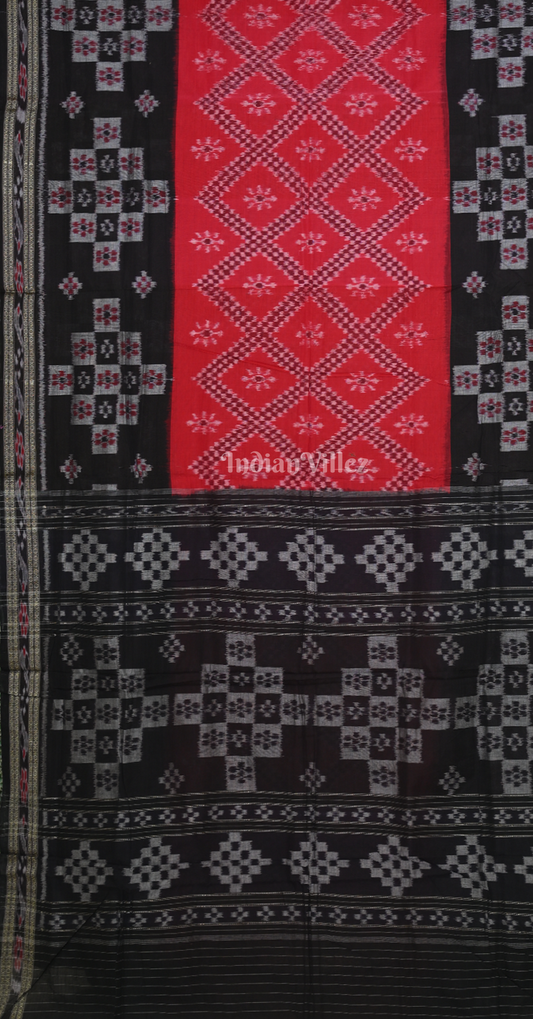 Red Black Pasapali Scot Odisha Ikat Sambalpuri Cotton Saree 