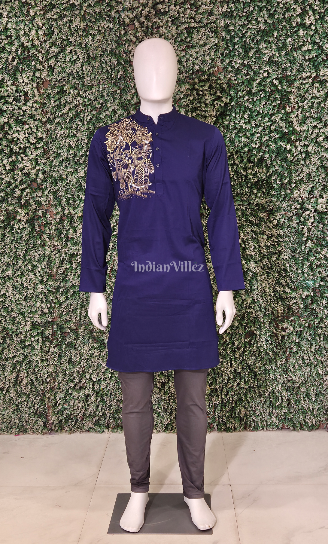 Navy Blue Radha Krishna Theme Hand-Painted Pattachitra Kurta 
