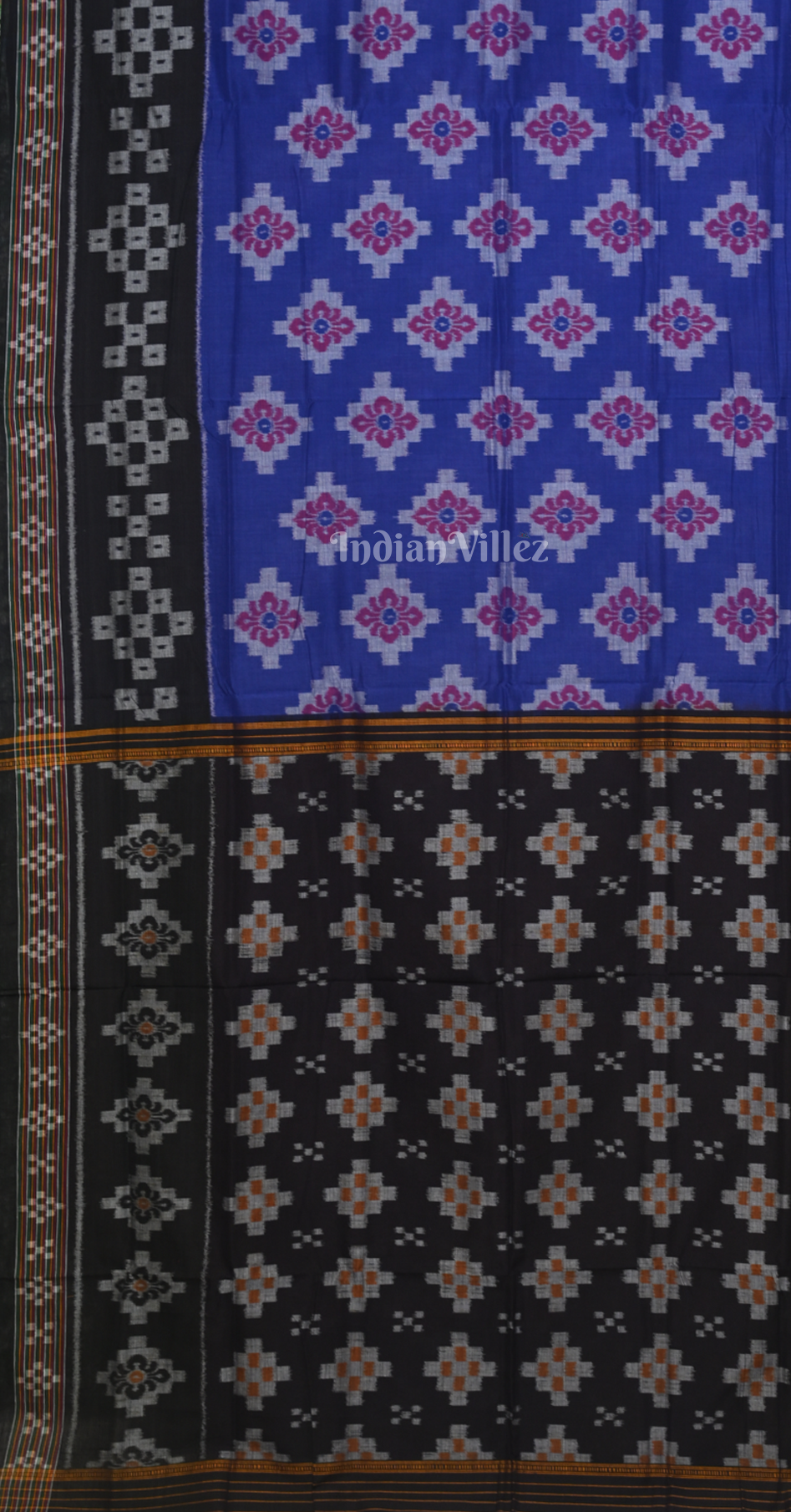 Blue Black Pasapali Scot Odisha Ikat Sambalpuri Cotton Saree