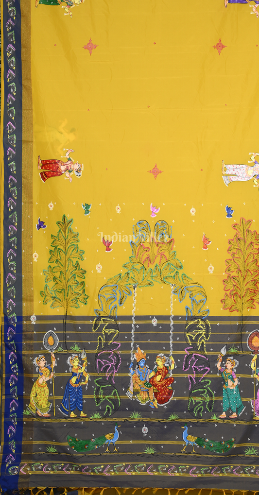 Yellow  Grey Raja Doli Theme Hand-Painted Pattachitra Saree