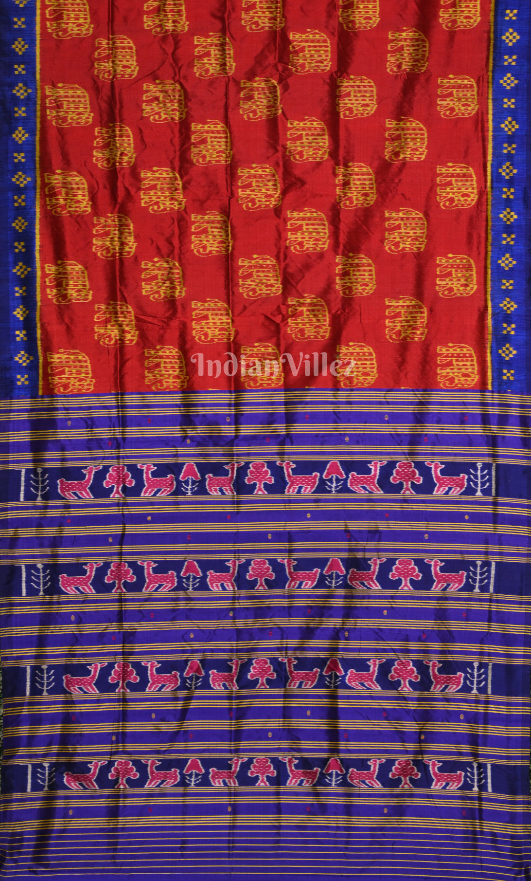 Red Blue Elephant Motif Odisha Ikat Contemporary Designer Silk Saree 