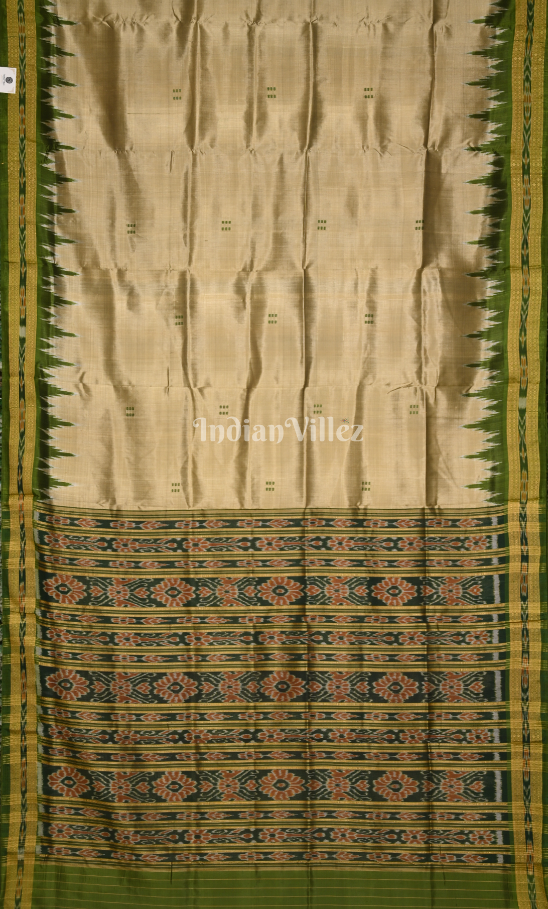 Cream Olive Green Buti Design Odisha Ikat Khandua Silk Saree 