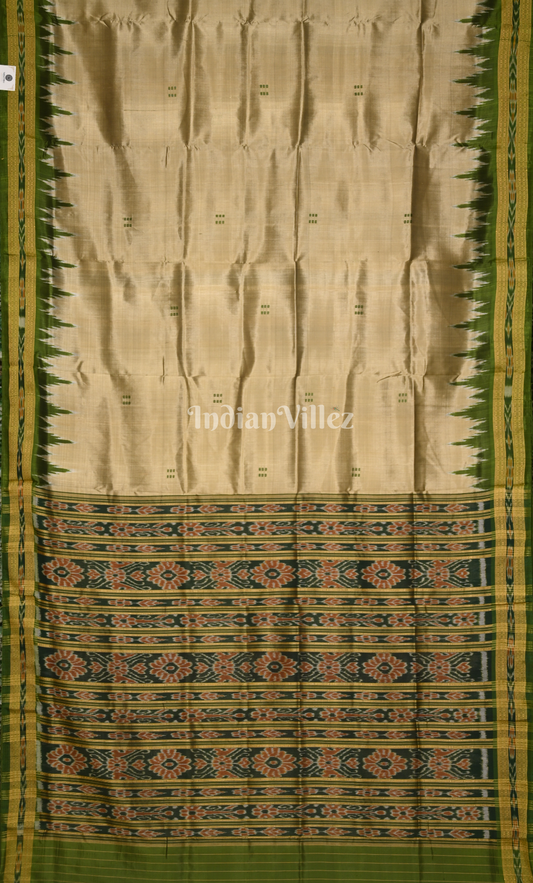 Cream Olive Green Buti Design Odisha Ikat Khandua Silk Saree 