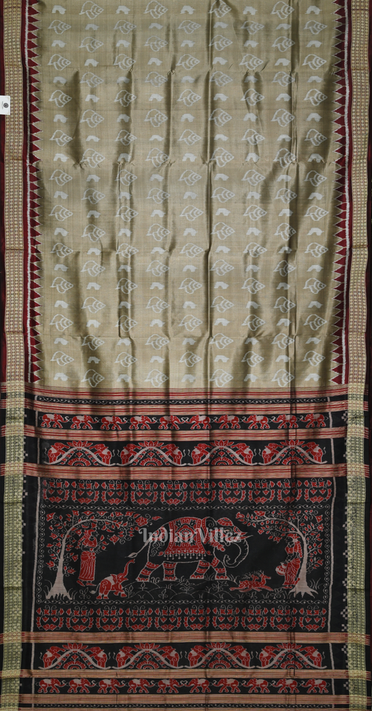 Beige Maroon  Sankha Theme Odisha Ikat Sambalpuri Silk Saree with Elephant Anchal 