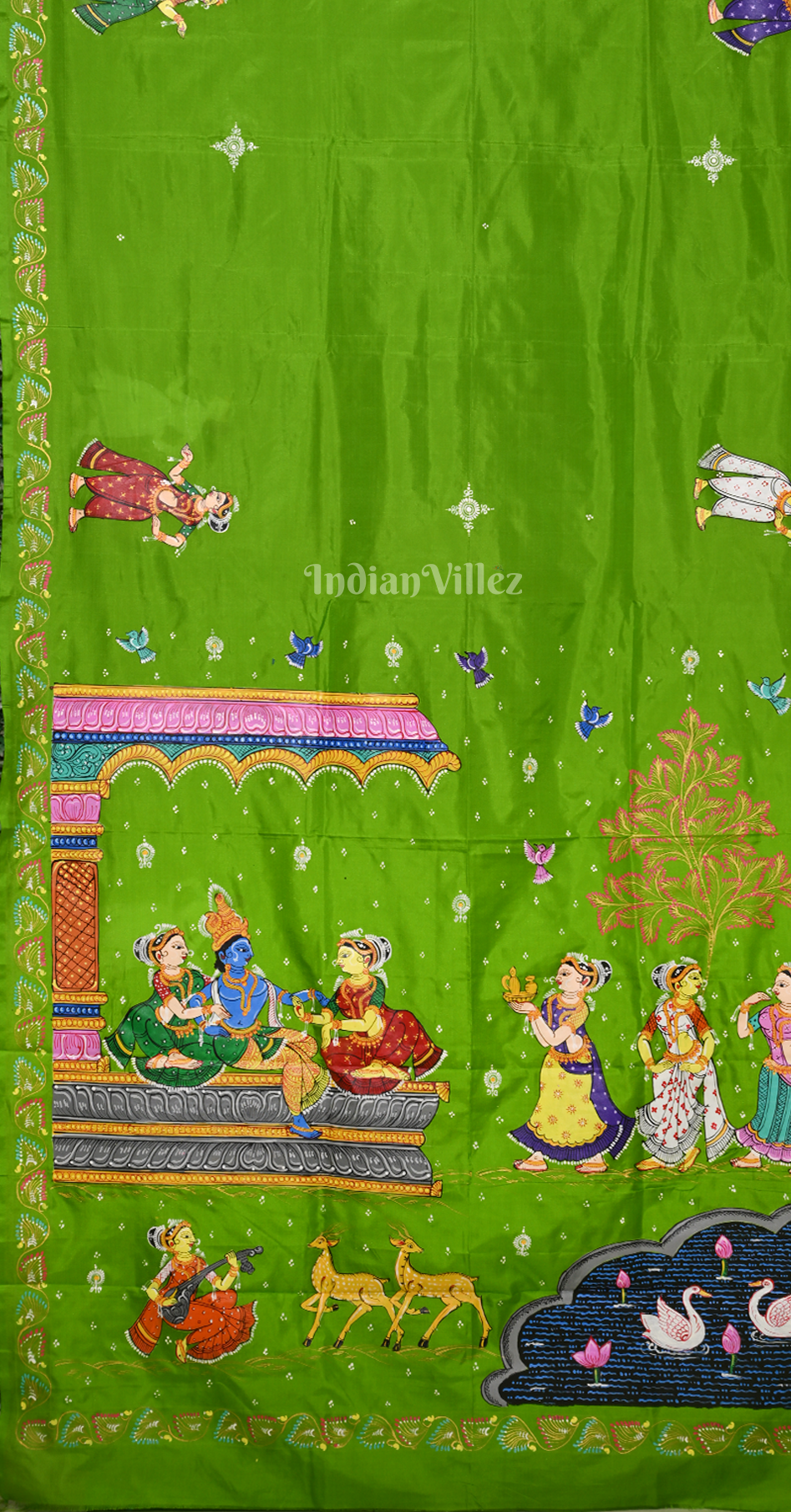 Green Radha Krishna Raas Leela Hand-Painted Pattachitra Saree 