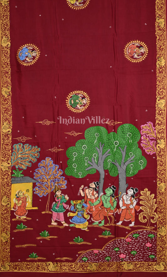 Maroon Ramayana Theme Hand-Painted Pattachitra Saree