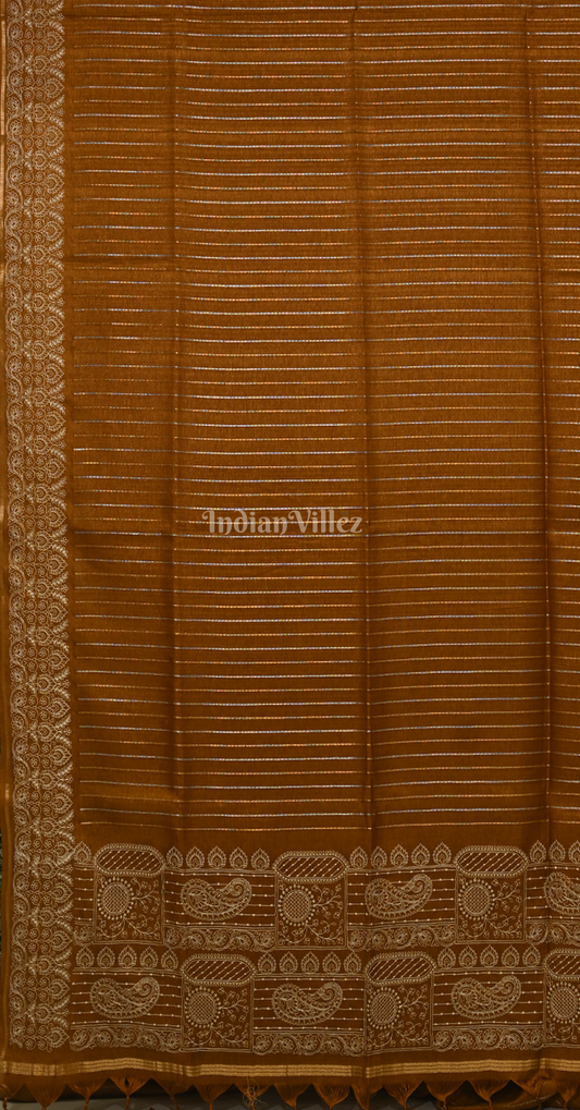 Brown Tussar Silk Saree with Floral Bird Embroidery Work