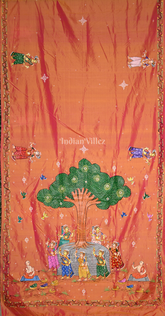 Peach Pink Vat Sabitri Theme Hand-Painted Pattachitra Saree