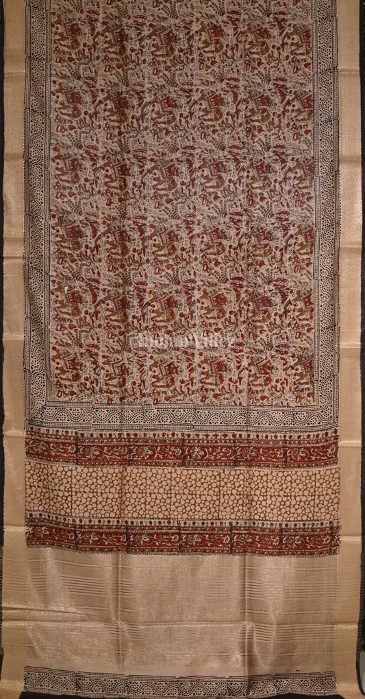 Dark Beige with Maroon Block Printed Bagru Cotton Saree 