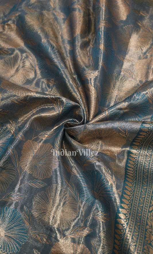 Light Blue Gold Floral Pure Kanjivaram Silk Saree 