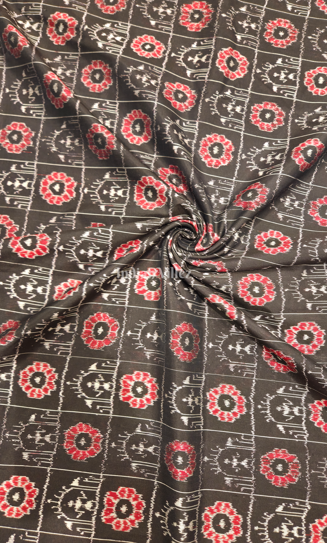 Black Red Tribal Motif Odisha Ikat Sambalpuri Silk Fabric 
