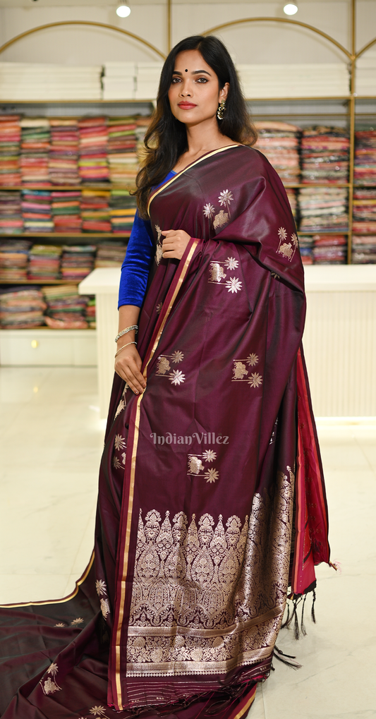 Wine Floral Mashru Satin Banarasi Silk Saree with Pichwai Motif