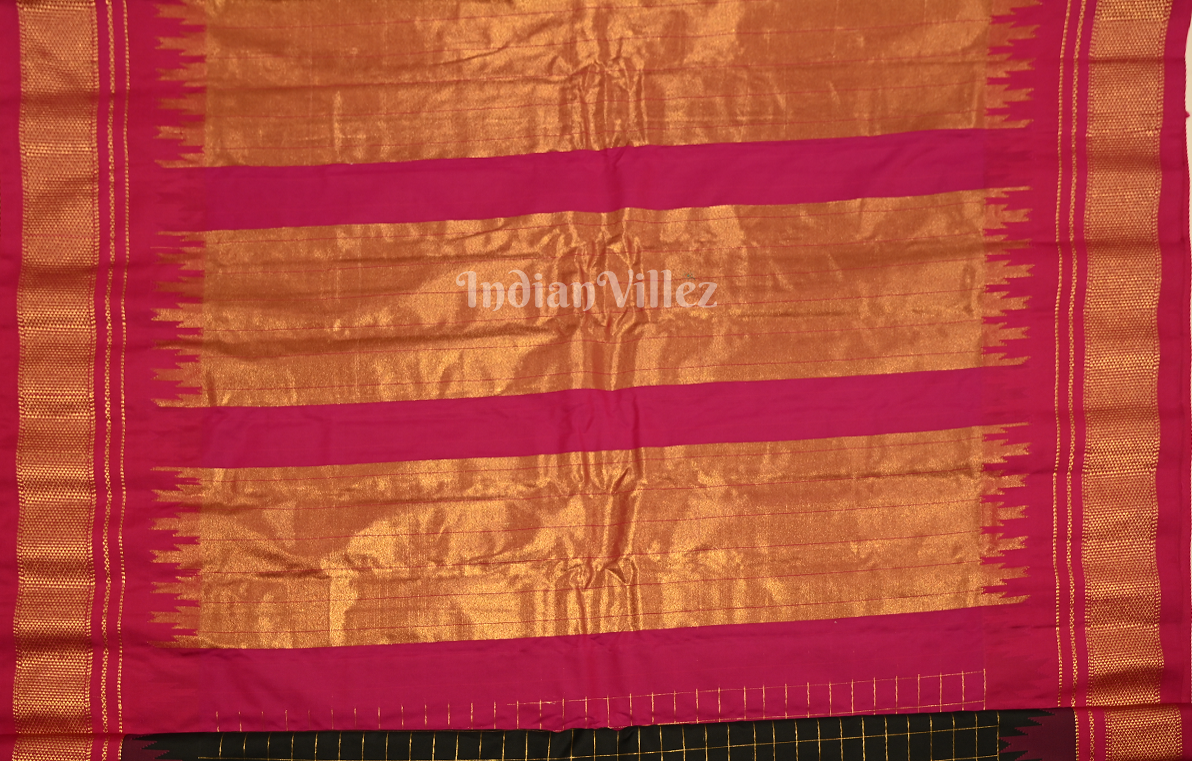 Black Rani Pink Check Pure Gadwal Silk Saree 