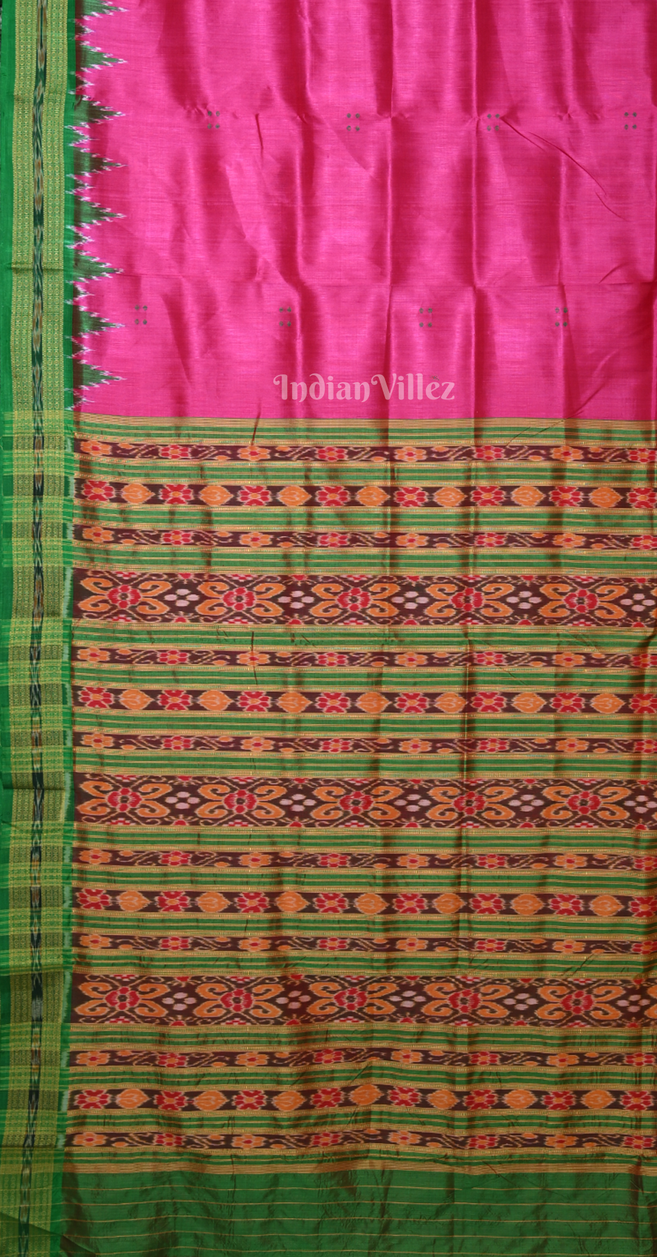 Rani Pink Green Buti Design Odisha Ikat Khandua Silk Saree 