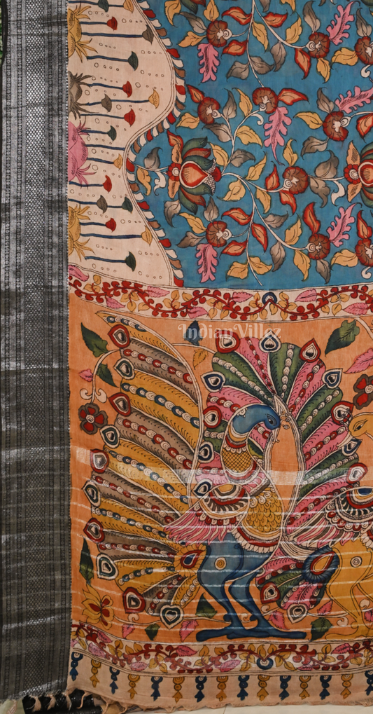 Blue Yellow Hand-Painted Natural Dye Cotton Kalamkari Saree with Peacock Anchal