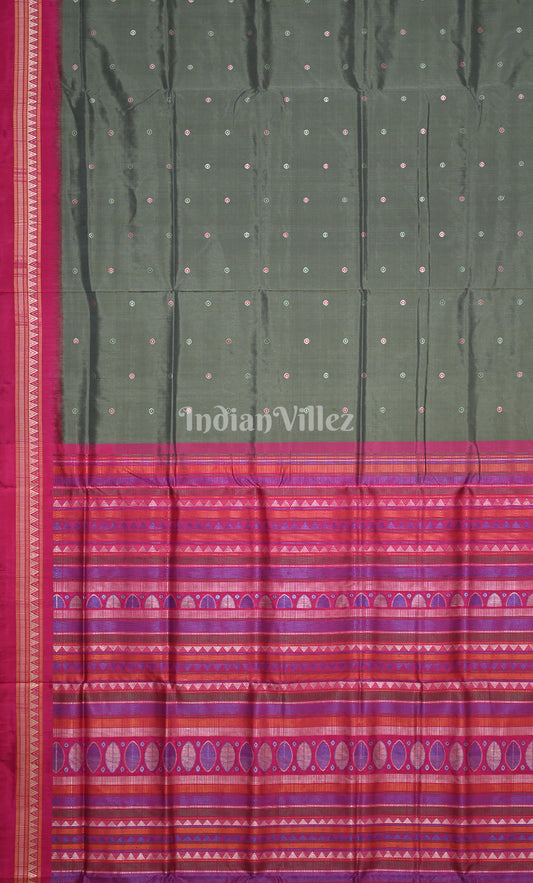 Graphite Grey Pink Buti Design Odisha Ikat Contemporary Silk Saree with Dongaria Anchal