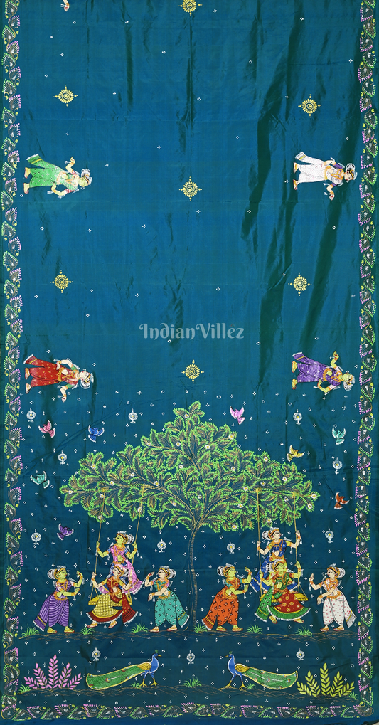 Peacock Blue Raja Doli Theme Hand-Painted Pattachitra Saree