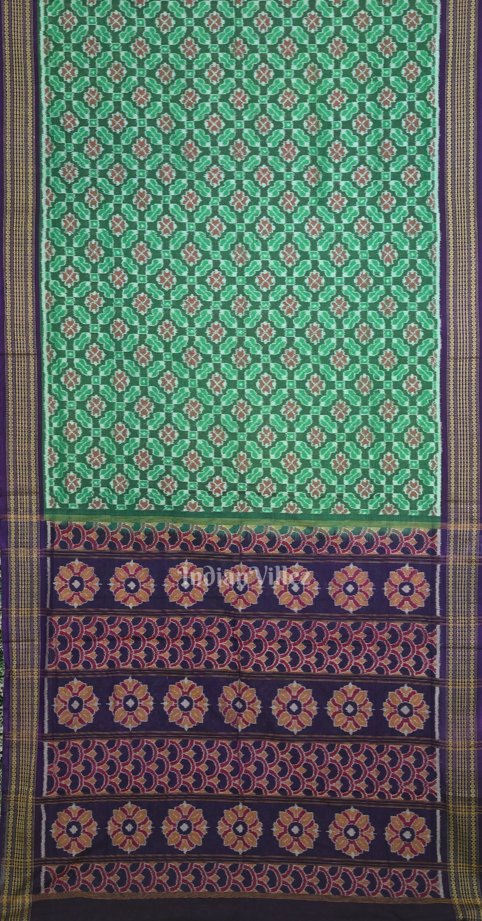 Green Blue Floral Motif Odisha Ikat Sambalpuri Cotton Saree 