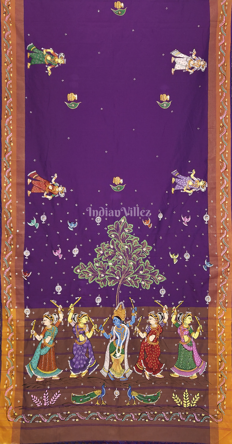 Purple Brown Dandiya Raas Theme Hand-Painted Pattachitra Saree