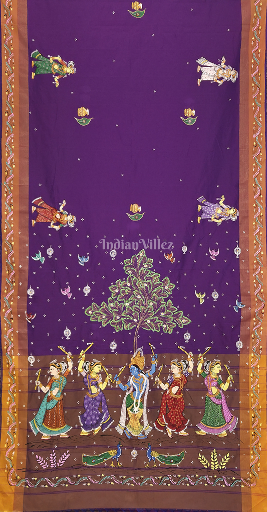 Purple Brown Dandiya Raas Theme Hand-Painted Pattachitra Saree