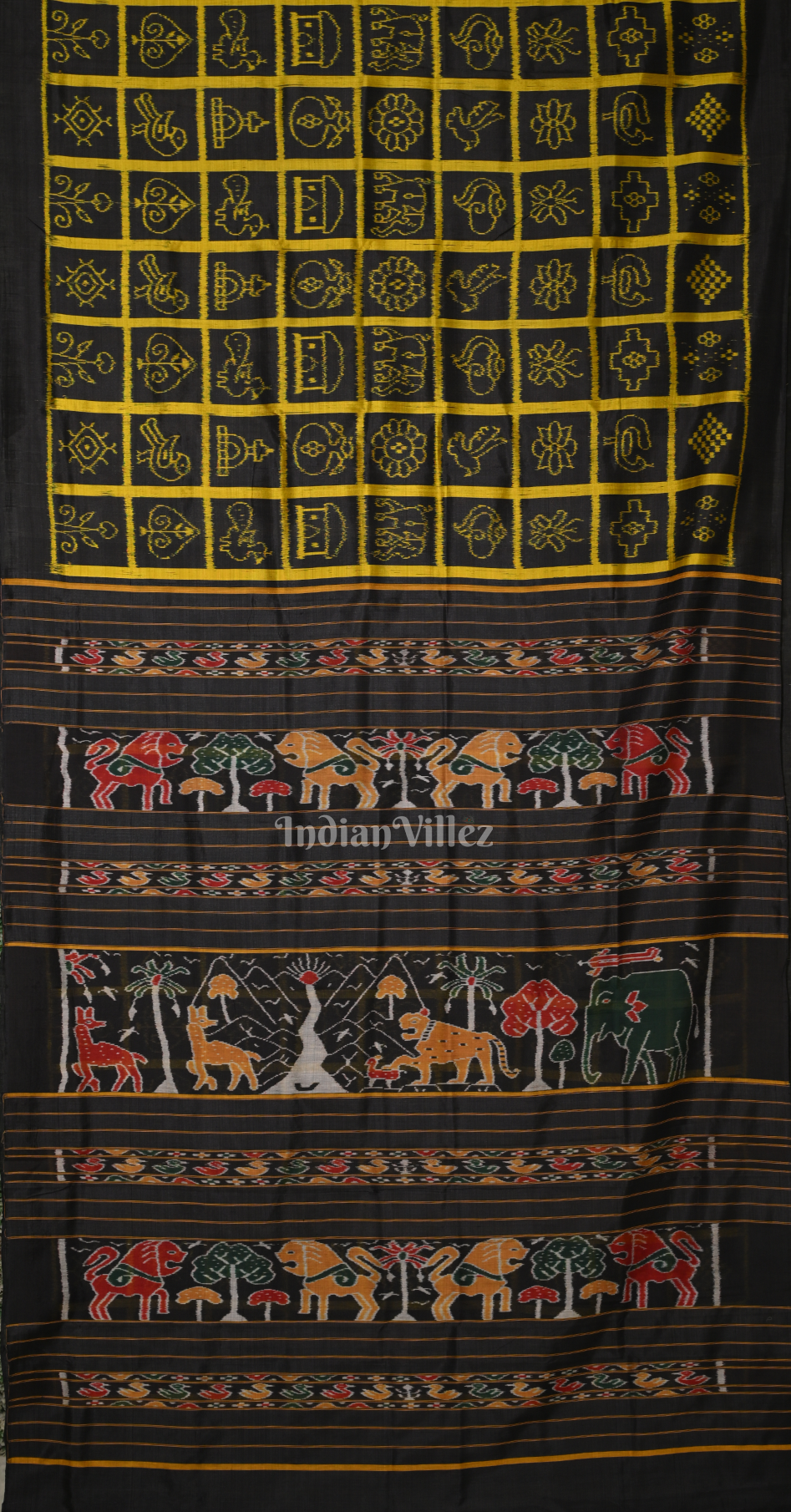 Black Yellow  Nabakothi Odisha Ikat Contemporary Designer Silk Saree with Jungle Anchal