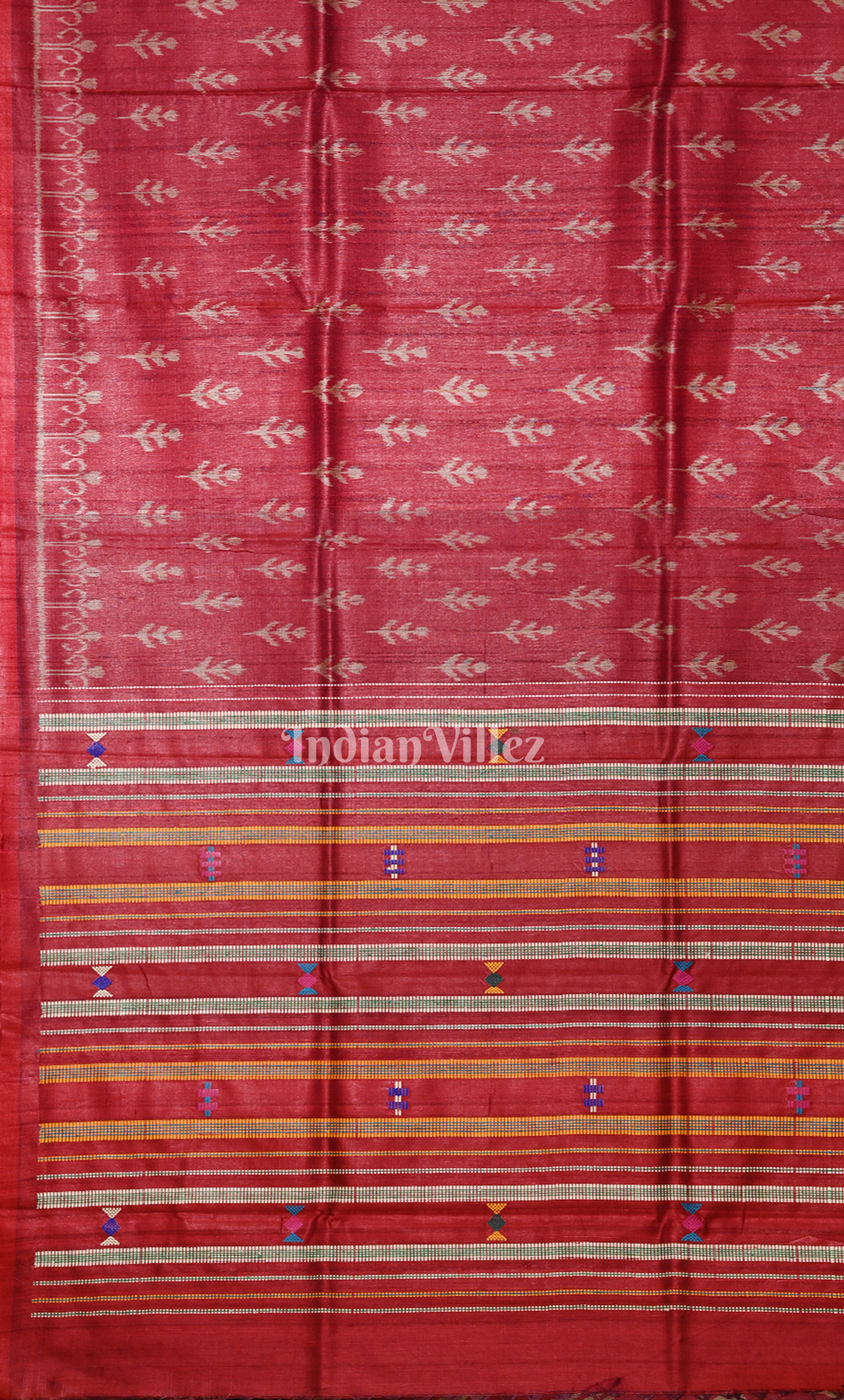 Maroon Tribal Theme Gopalpur Tussar Silk Saree with Ganga Jamuna Border Double Anchal