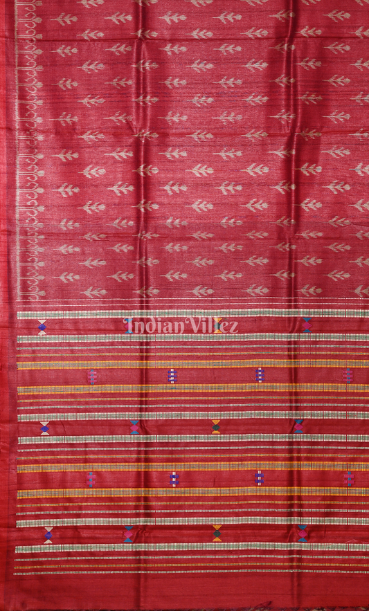 Maroon Tribal Theme Gopalpur Tussar Silk Saree with Ganga Jamuna Border Double Anchal