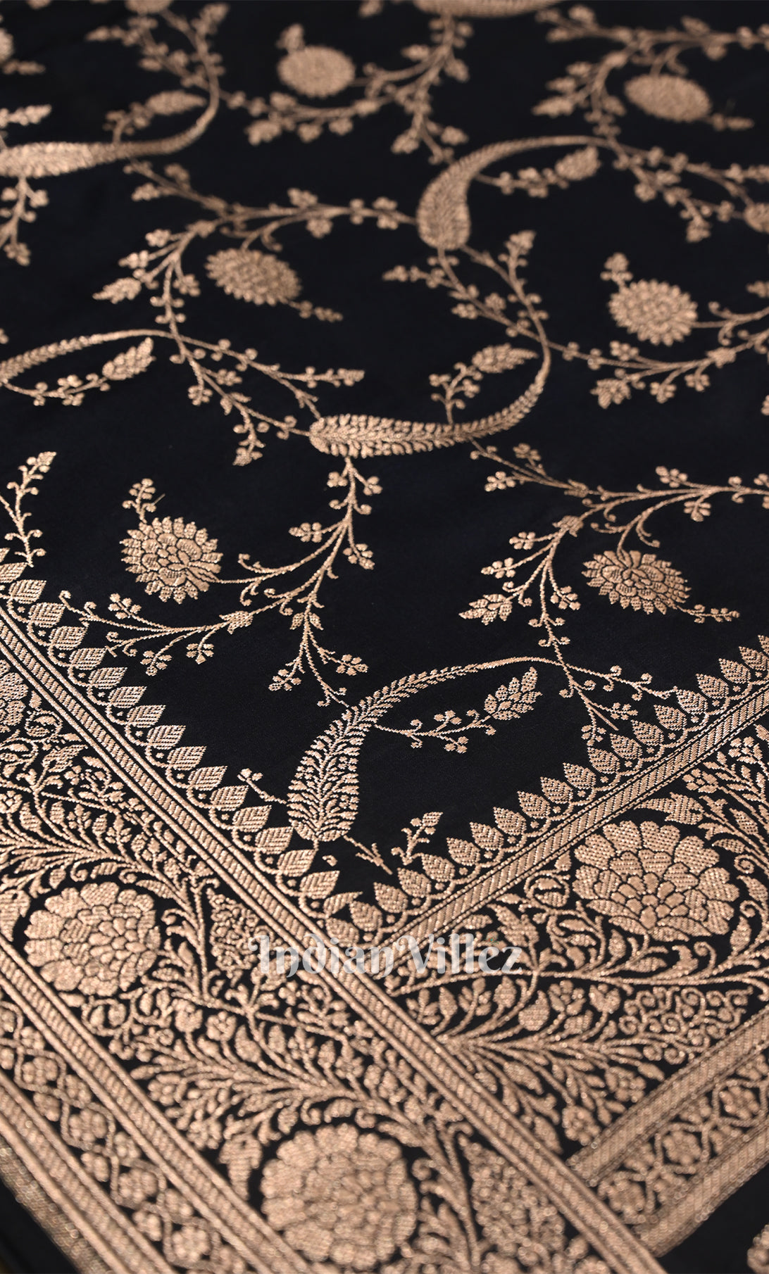Navy Blue Pure Mashru Satin Silk Banarasi Saree with Jaal PatternPattern