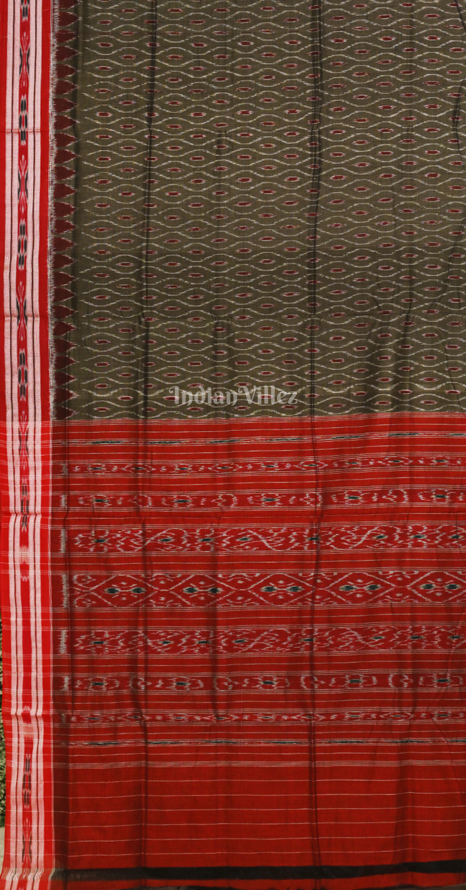 Olive Green Red Odisha Ikat Maniabandha Cotton Saree 