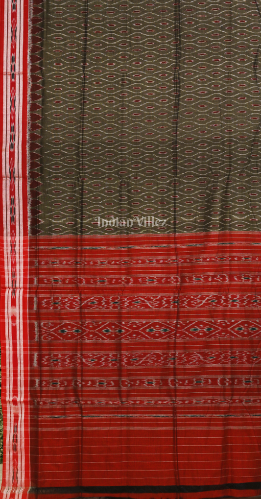 Olive Green Red Odisha Ikat Maniabandha Cotton Saree 