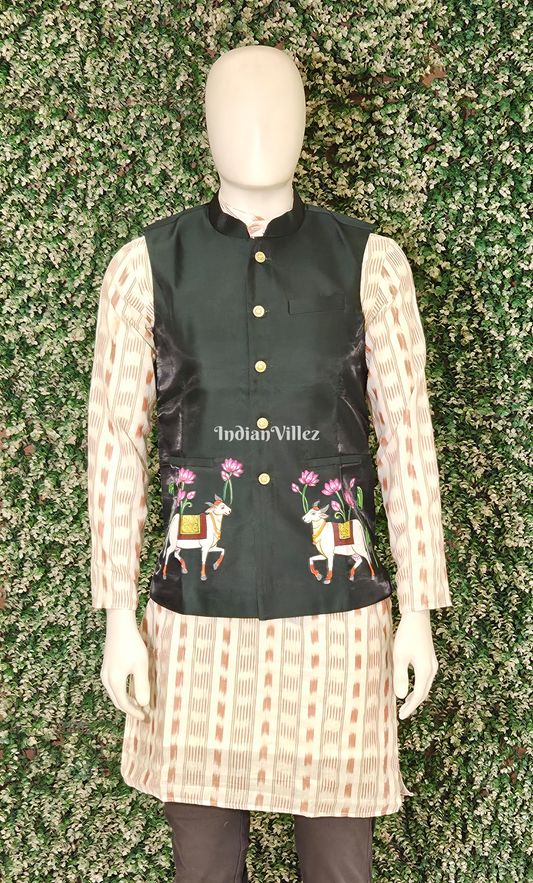 Bottle Green Pichwai Hand-Painted Pattachitra Half Bandi Jacket for Men