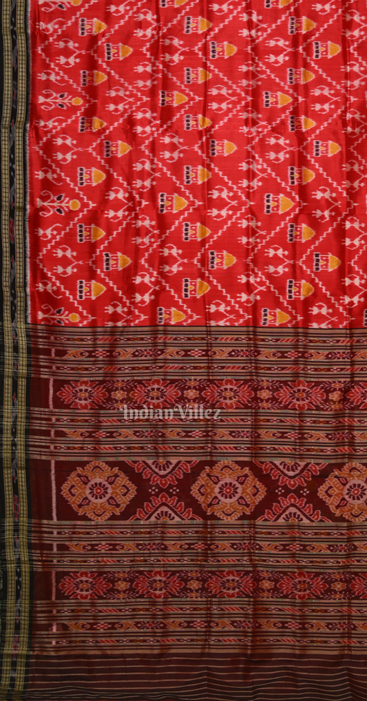 Red Coffee Tribal Theme Odisha Ikat Khandua Silk Saree 