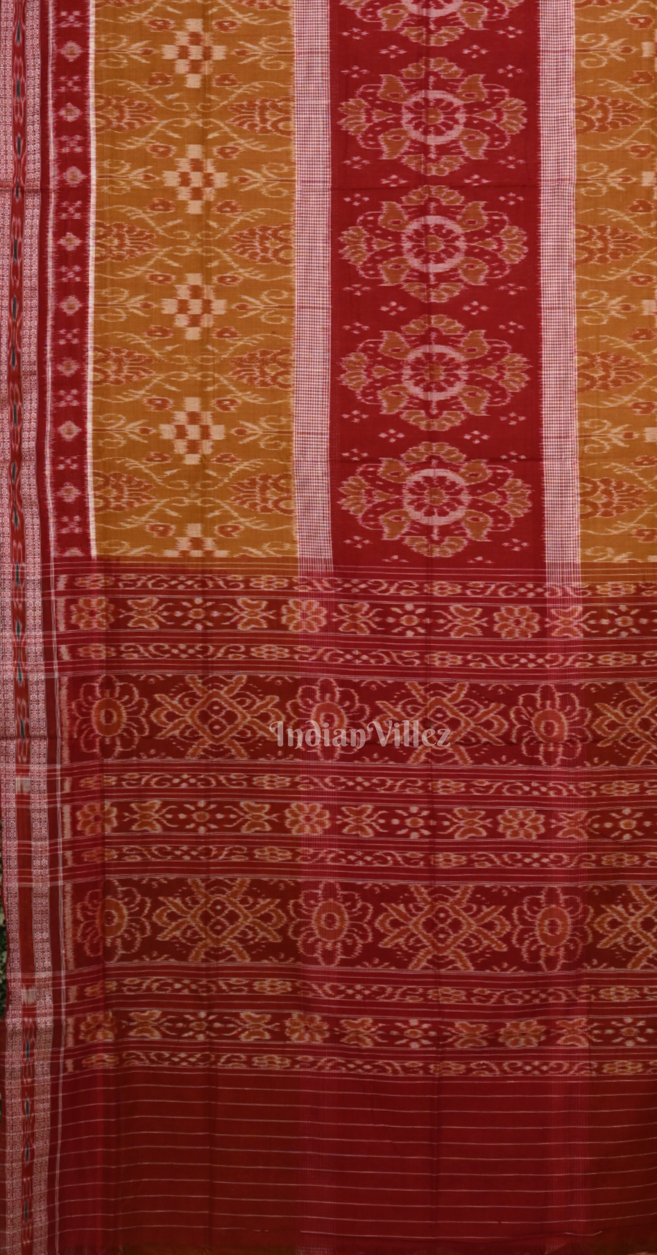 Mustard Yellow Maroon Flower Pasapali  Odisha Ikat Sambalpuri Cotton Saree 