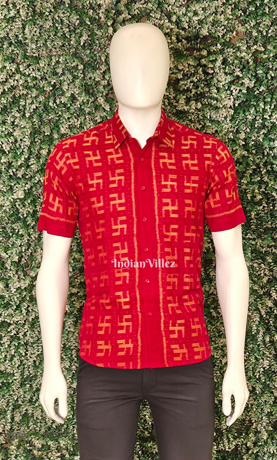 Red Swastik Motif Odisha Ikat Cotton Half Sleeve Shirt for Men 