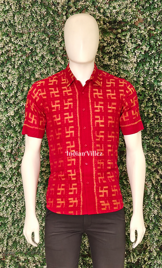 Red Swastik Motif Odisha Ikat Cotton Half Sleeve Shirt for Men 