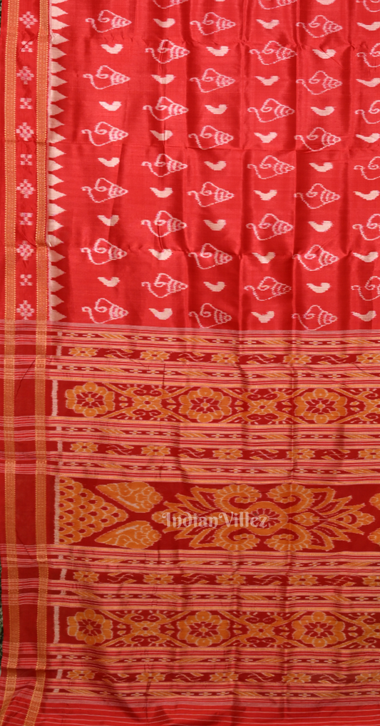 Red Maroon Sankha Motif with Paspali Border Odisha Ikat Khandua Silk Saree
