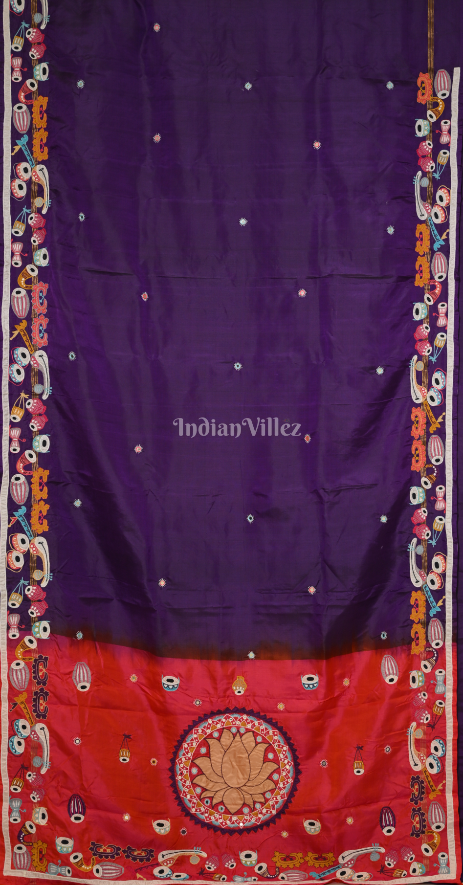 Purple Red Hand Embroidered Applique Work Saree 