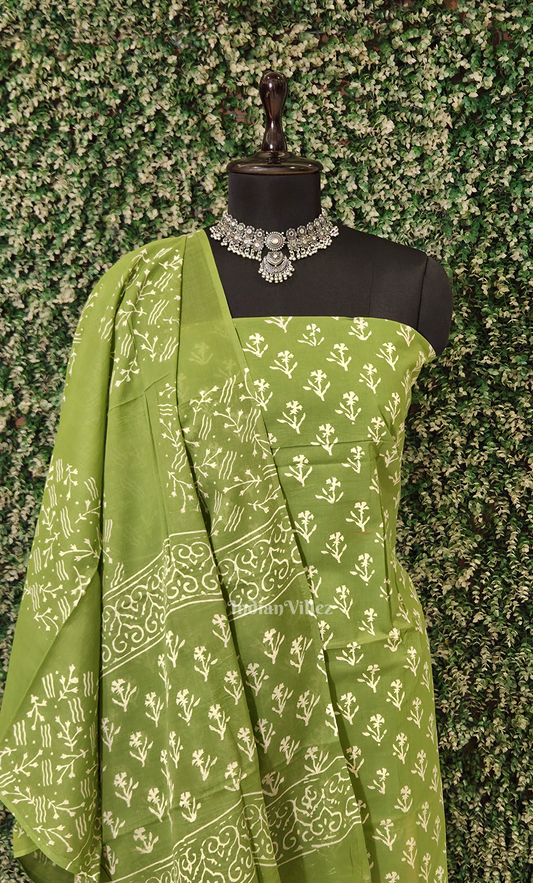 Green Block Printed Cotton Suit Sets