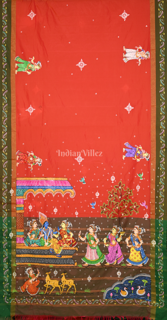 Orange Krishna Raas Leela Hand-Painted Pattachitra Saree 